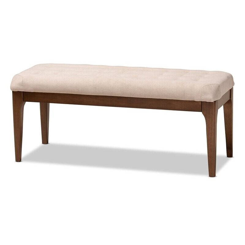 BAXTON STUDIO WALSH MID-CENTURY MODERN BEIGE FABRIC UPHOLSTERED AND WALNUT BROWN FINISHED WOOD DINING BENCH