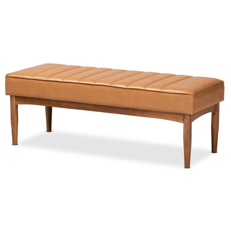 BAXTON STUDIO DAYMOND MID-CENTURY MODERN TAN FAUX LEATHER UPHOLSTERED AND WALNUT BROWN FINISHED WOOD DINING BENCH