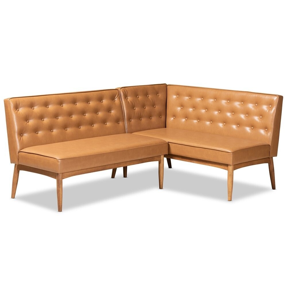 BAXTON STUDIO RIORDAN MID-CENTURY MODERN TAN FAUX LEATHER UPHOLSTERED AND WALNUT BROWN FINISHED WOOD 2-PIECE DINING NOOK BANQUETTE SET