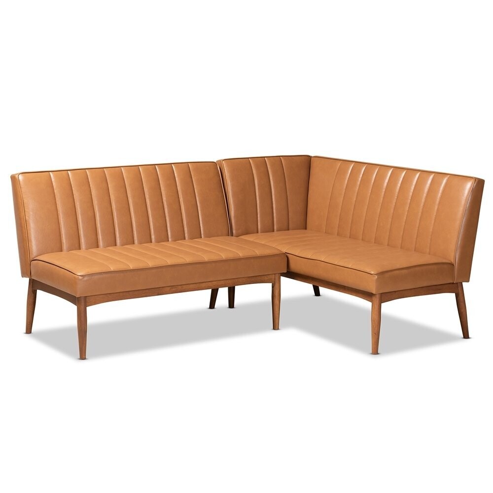 BAXTON STUDIO DAYMOND MID-CENTURY MODERN TAN FAUX LEATHER UPHOLSTERED AND WALNUT BROWN FINISHED WOOD 2-PIECE DINING NOOK BANQUETTE SET
