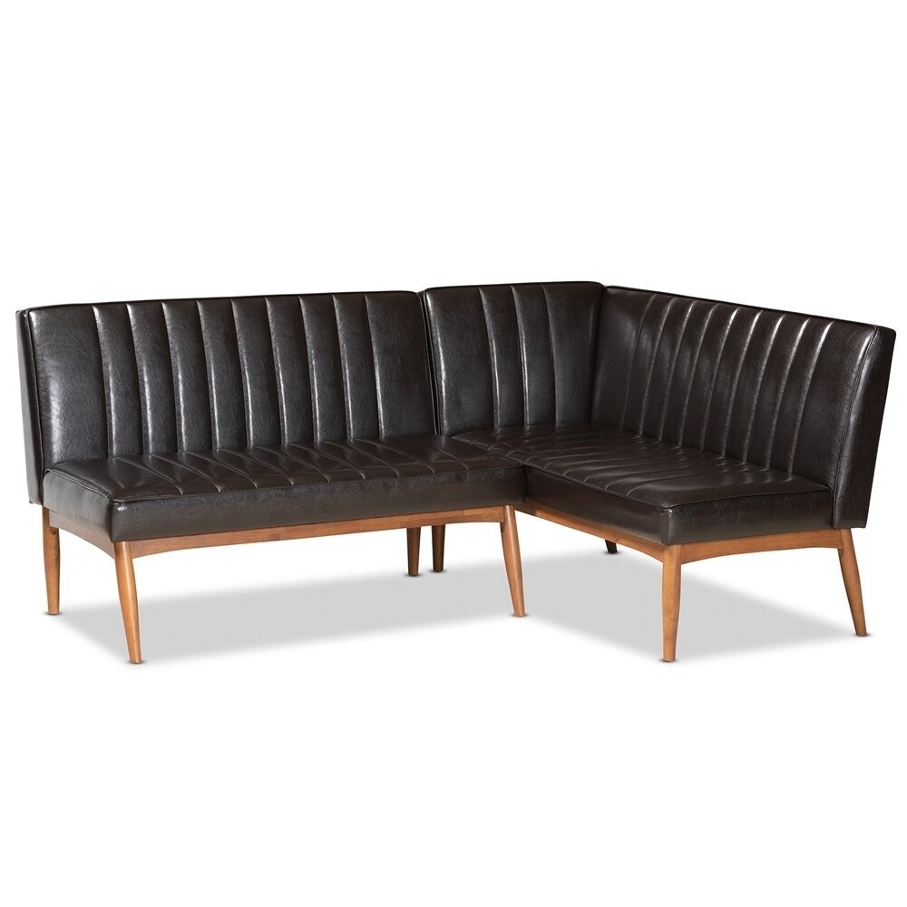 BAXTON STUDIO DAYMOND MID-CENTURY MODERN DARK BROWN FAUX LEATHER UPHOLSTERED AND WALNUT BROWN FINISHED WOOD 2-PIECE DINING NOOK BANQUETTE SET