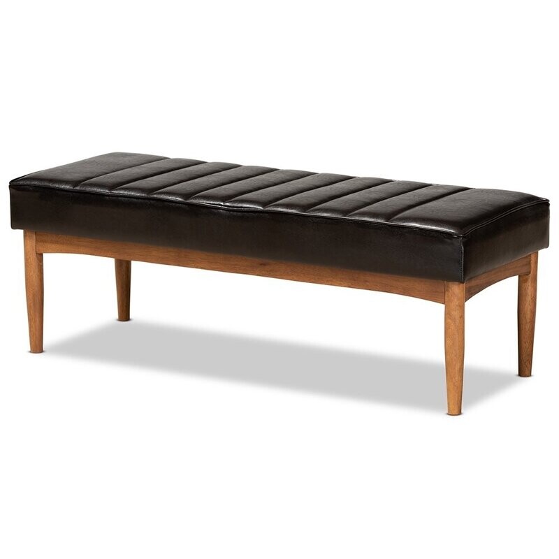 BAXTON STUDIO DAYMOND MID-CENTURY MODERN DARK BROWN FAUX LEATHER UPHOLSTERED AND WALNUT BROWN FINISHED WOOD DINING BENCH