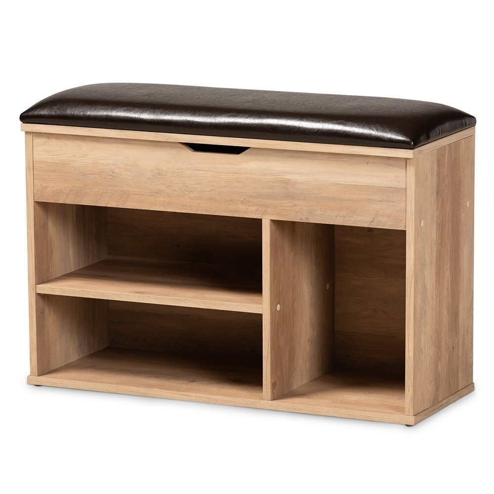 BAXTON STUDIO RAMSAY MODERN AND CONTEMPORARY DARK BROWN FAUX LEATHER UPHOLSTERED AND OAK BROWN FINISHED WOOD SHOE STORAGE BENCH