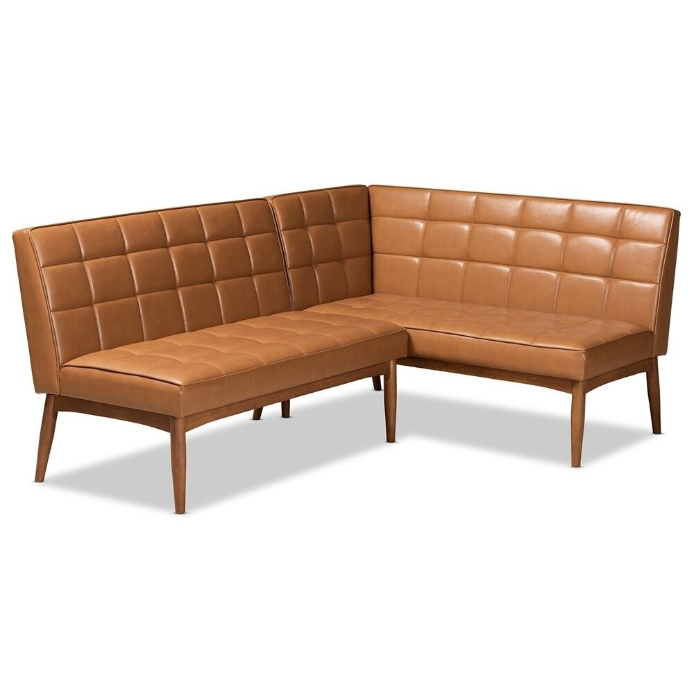 BAXTON STUDIO SANFORD MID-CENTURY MODERN TAN FAUX LEATHER UPHOLSTERED AND WALNUT BROWN FINISHED WOOD 2-PIECE DINING NOOK BANQUETTE SET