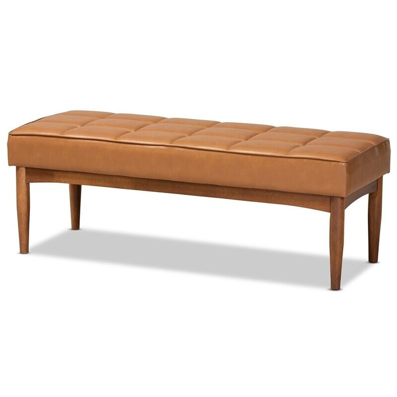 BAXTON STUDIO SANFORD MID-CENTURY MODERN TAN FAUX LEATHER UPHOLSTERED AND WALNUT BROWN FINISHED WOOD DINING BENCH