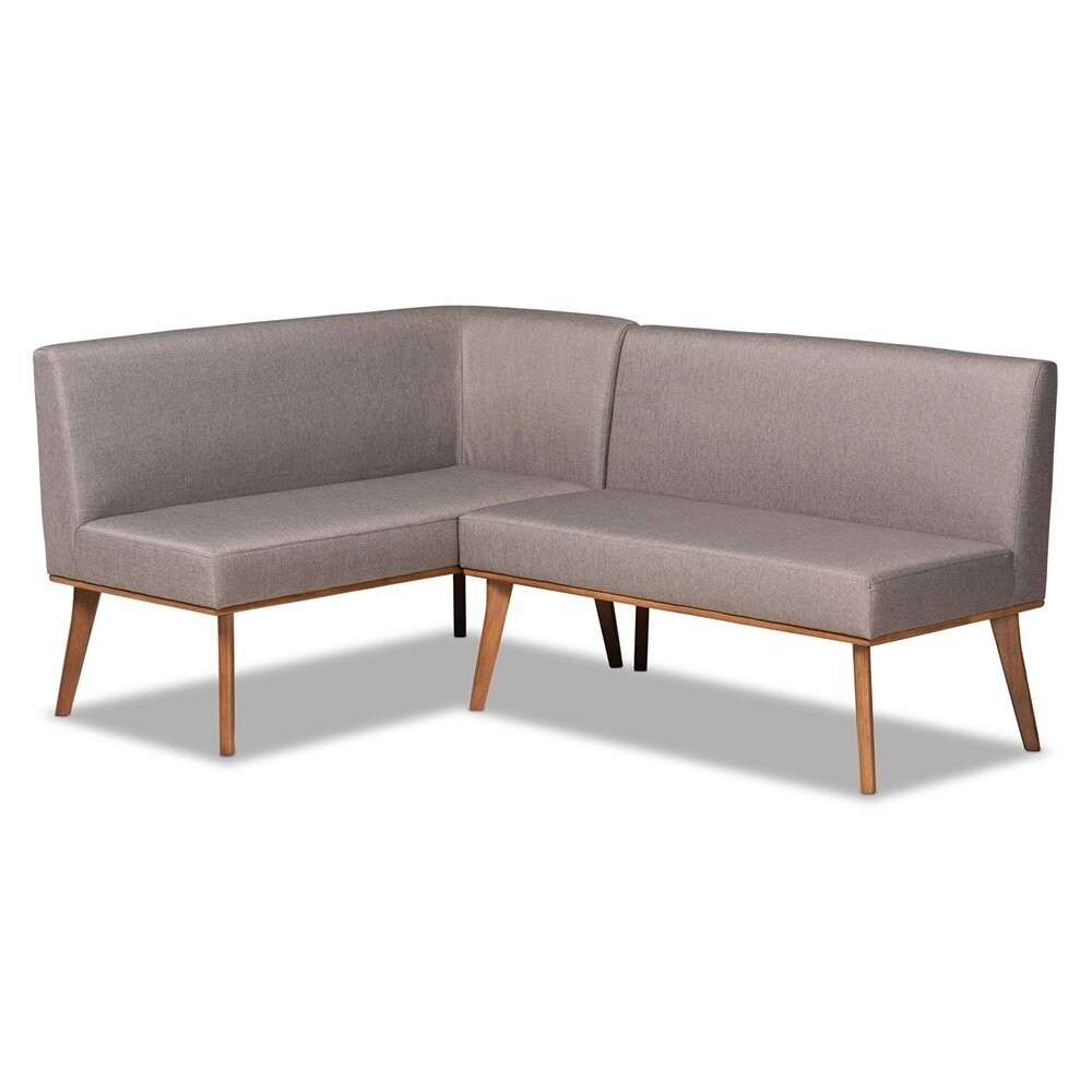 BAXTON STUDIO ODESSA MID-CENTURY MODERN GREY FABRIC UPHOLSTERED AND WALNUT BROWN FINISHED 2-PIECE WOOD DINING NOOK BANQUETTE SET