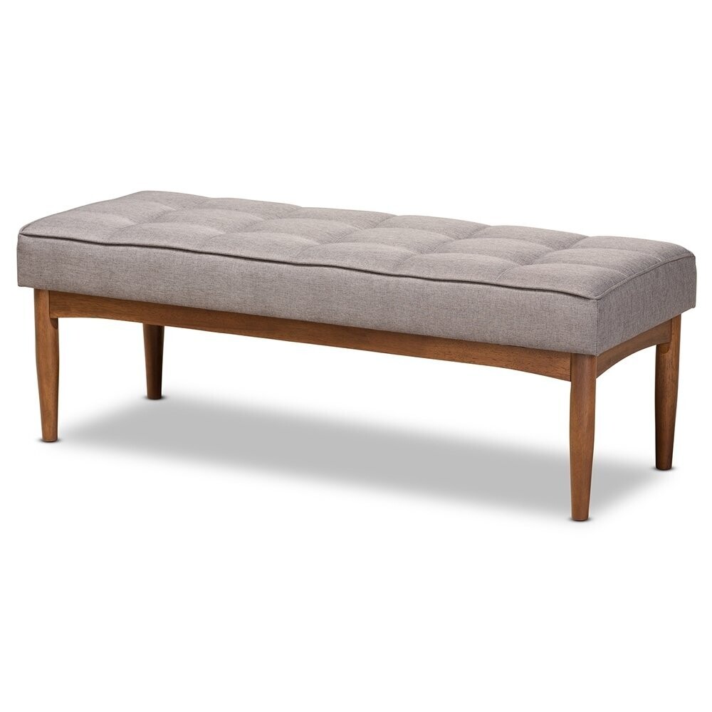 BAXTON STUDIO SANFORD MID-CENTURY MODERN GREY FABRIC UPHOLSTERED AND WALNUT BROWN FINISHED WOOD DINING BENCH