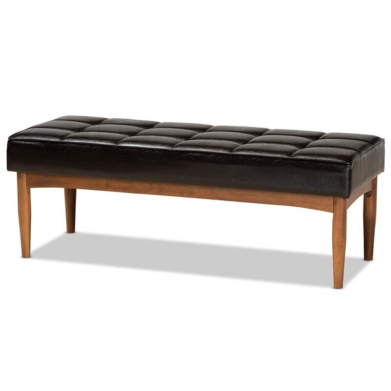 BAXTON STUDIO SANFORD MID-CENTURY MODERN DARK BROWN FAUX LEATHER UPHOLSTERED AND WALNUT BROWN FINISHED WOOD DINING BENCH