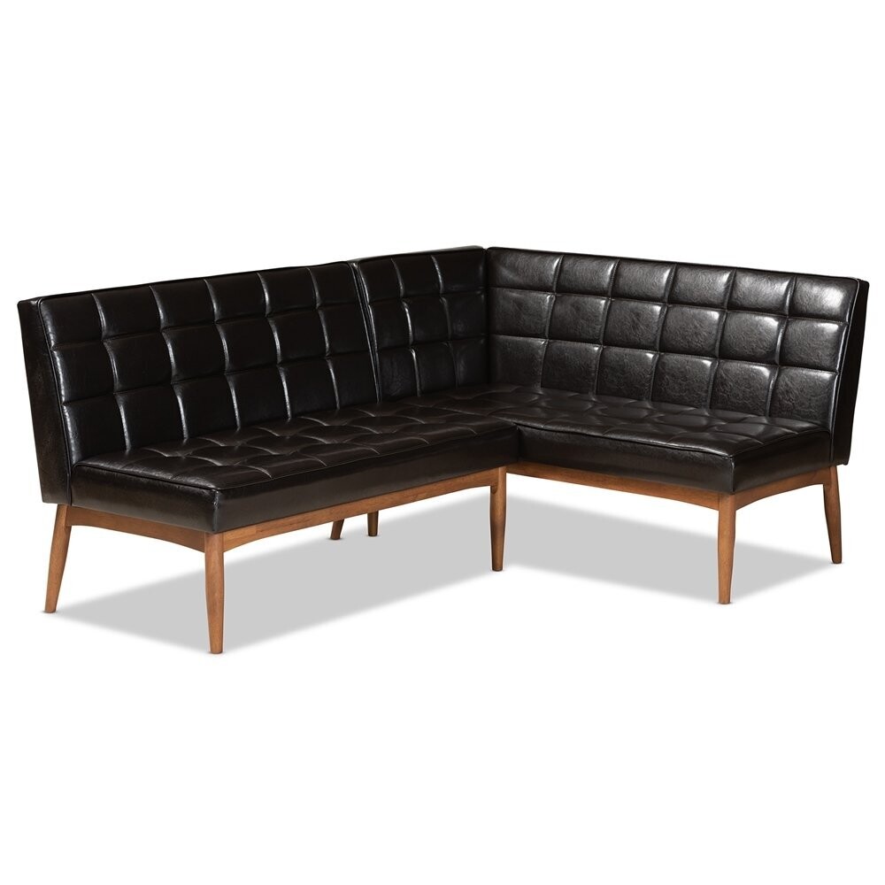 BAXTON STUDIO SANFORD MID-CENTURY MODERN DARK BROWN FAUX LEATHER UPHOLSTERED AND WALNUT BROWN FINISHED WOOD 2-PIECE DINING NOOK BANQUETTE SET