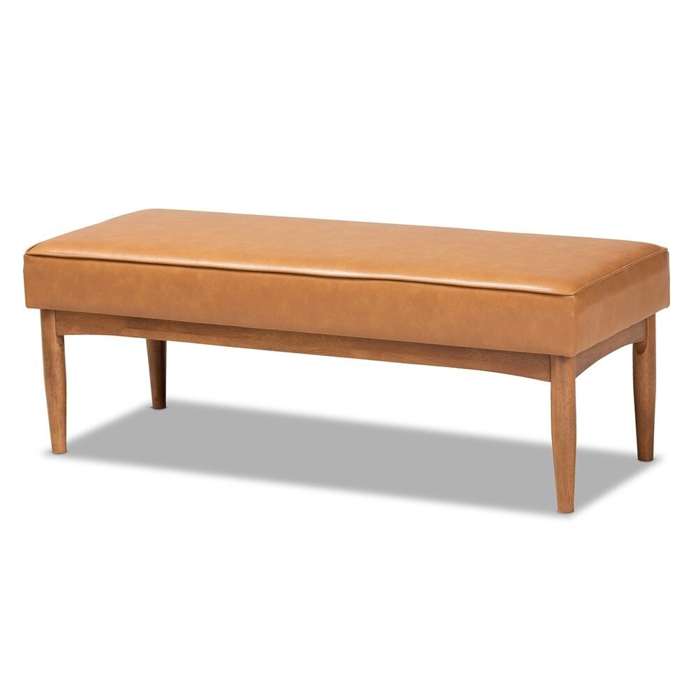 BAXTON STUDIO ARVID MID-CENTURY MODERN TAN FAUX LEATHER UPHOLSTERED AND WALNUT BROWN FINISHED WOOD DINING BENCH