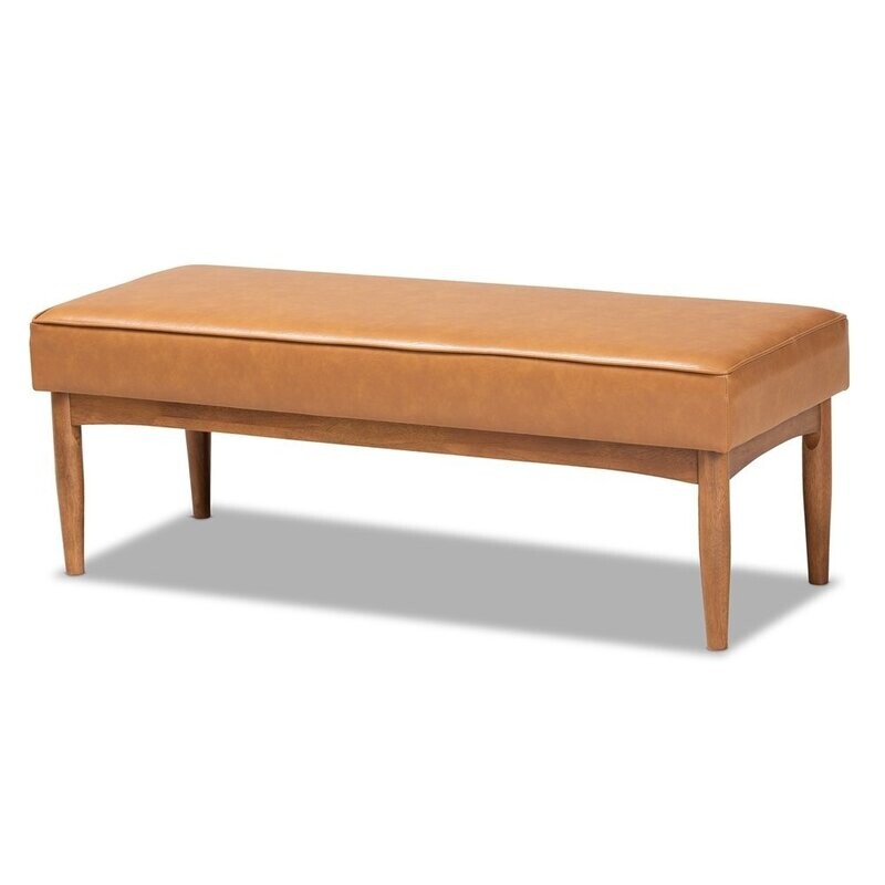 BAXTON STUDIO ARVID MID-CENTURY MODERN TAN FAUX LEATHER UPHOLSTERED AND WALNUT BROWN FINISHED WOOD DINING BENCH