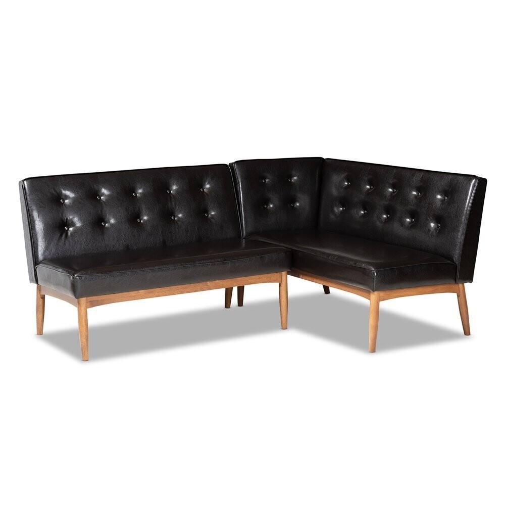 BAXTON STUDIO ARVID MID-CENTURY MODERN DARK BROWN FAUX LEATHER UPHOLSTERED 2-PIECE WOOD DINING NOOK BANQUETTE SET