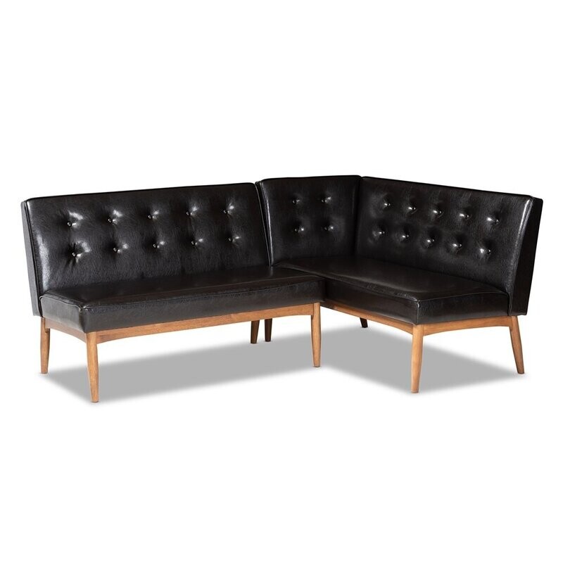 BAXTON STUDIO ARVID MID-CENTURY MODERN DARK BROWN FAUX LEATHER UPHOLSTERED 2-PIECE WOOD DINING NOOK BANQUETTE SET