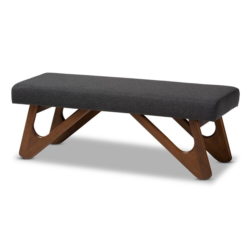 BAXTON STUDIO RIKA MID-CENTURY MODERN DARK GREY FABRIC UPHOLSTERED WALNUT BROWN FINISHED BOOMERANG BENCH