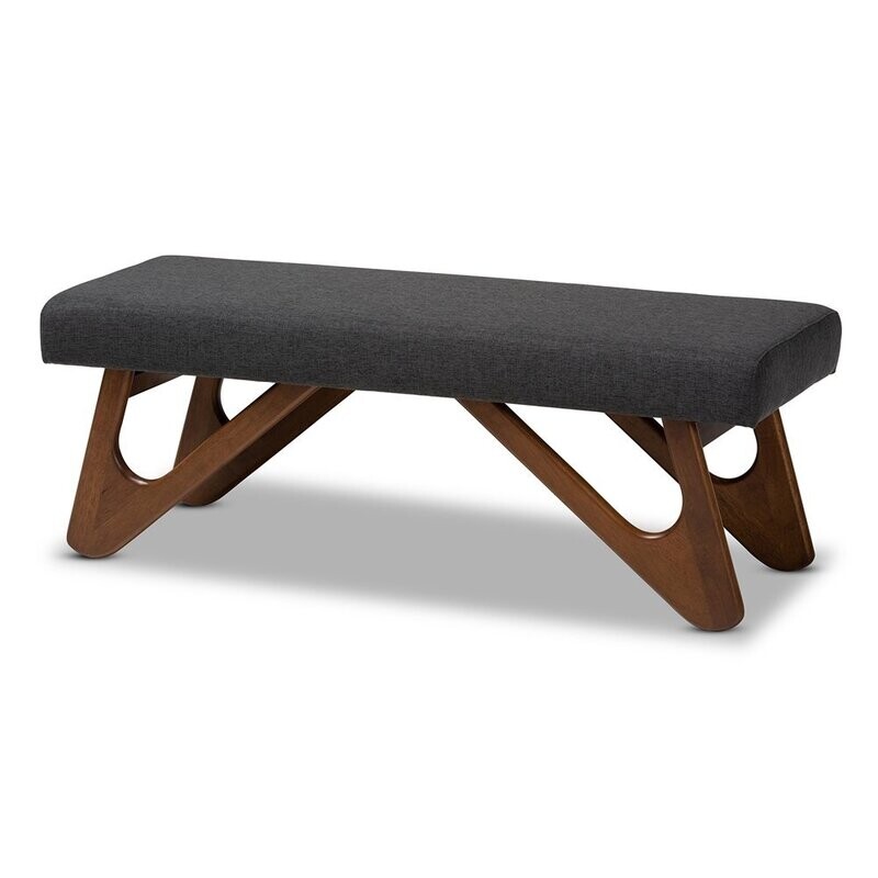 BAXTON STUDIO RIKA MID-CENTURY MODERN DARK GREY FABRIC UPHOLSTERED WALNUT BROWN FINISHED BOOMERANG BENCH