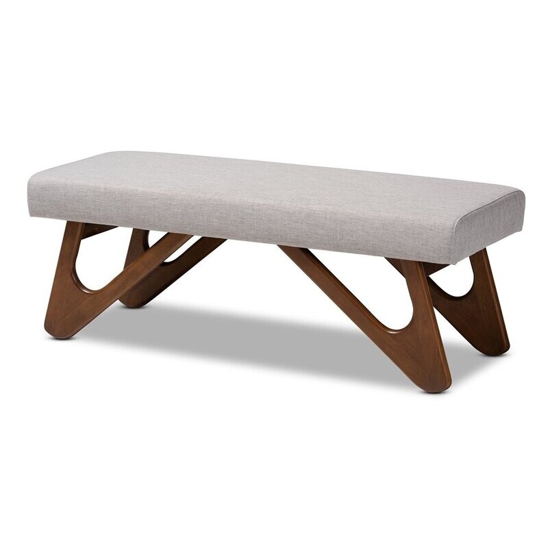 BAXTON STUDIO RIKA MID-CENTURY MODERN GREYISH BEIGE FABRIC UPHOLSTERED WALNUT BROWN FINISHED BOOMERANG BENCH