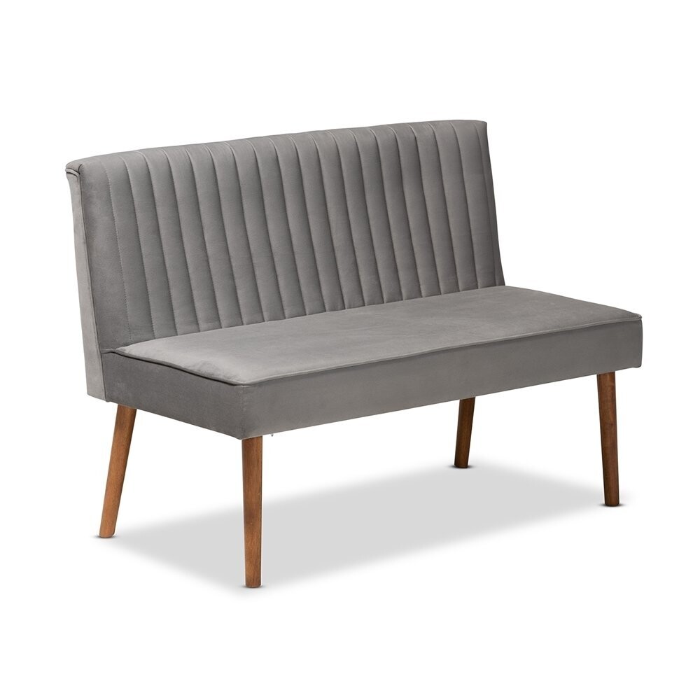 BAXTON STUDIO ALVIS MID-CENTURY MODERN GREY VELVET UPHOLSTERED AND WALNUT BROWN FINISHED WOOD 3-PIECE DINING NOOK SET