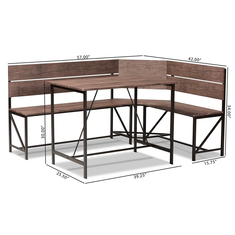 BAXTON STUDIO MARSTON MODERN INDUSTRIAL BROWN FINISHED WOOD AND BLACK FINISHED METAL 2-PIECE DINING NOOK SET