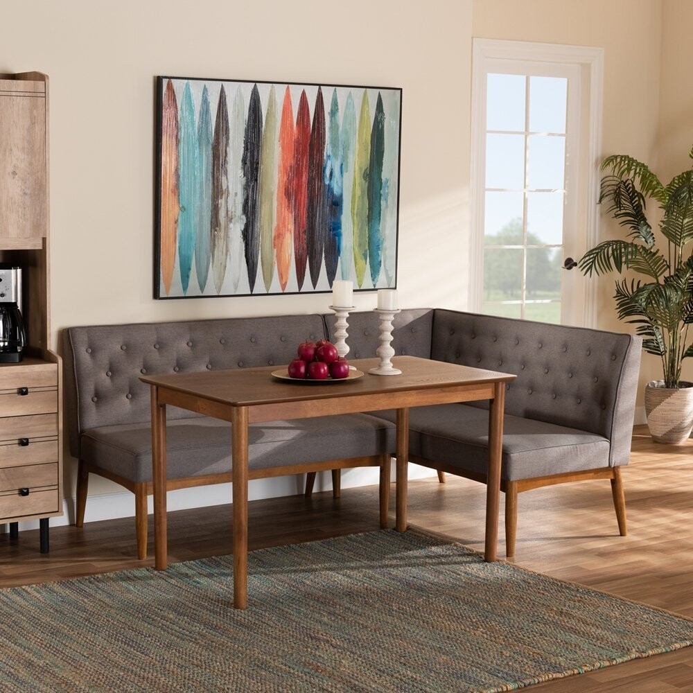 BAXTON STUDIO RIORDAN MID-CENTURY MODERN GREY FABRIC UPHOLSTERED AND WALNUT BROWN FINISHED WOOD 3-PIECE DINING NOOK SET