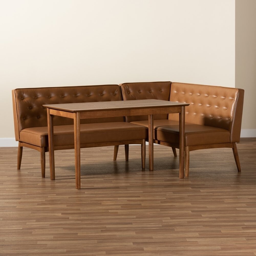BAXTON STUDIO RIORDAN MID-CENTURY MODERN TAN FAUX LEATHER UPHOLSTERED AND WALNUT BROWN FINISHED WOOD 3-PIECE DINING NOOK SET