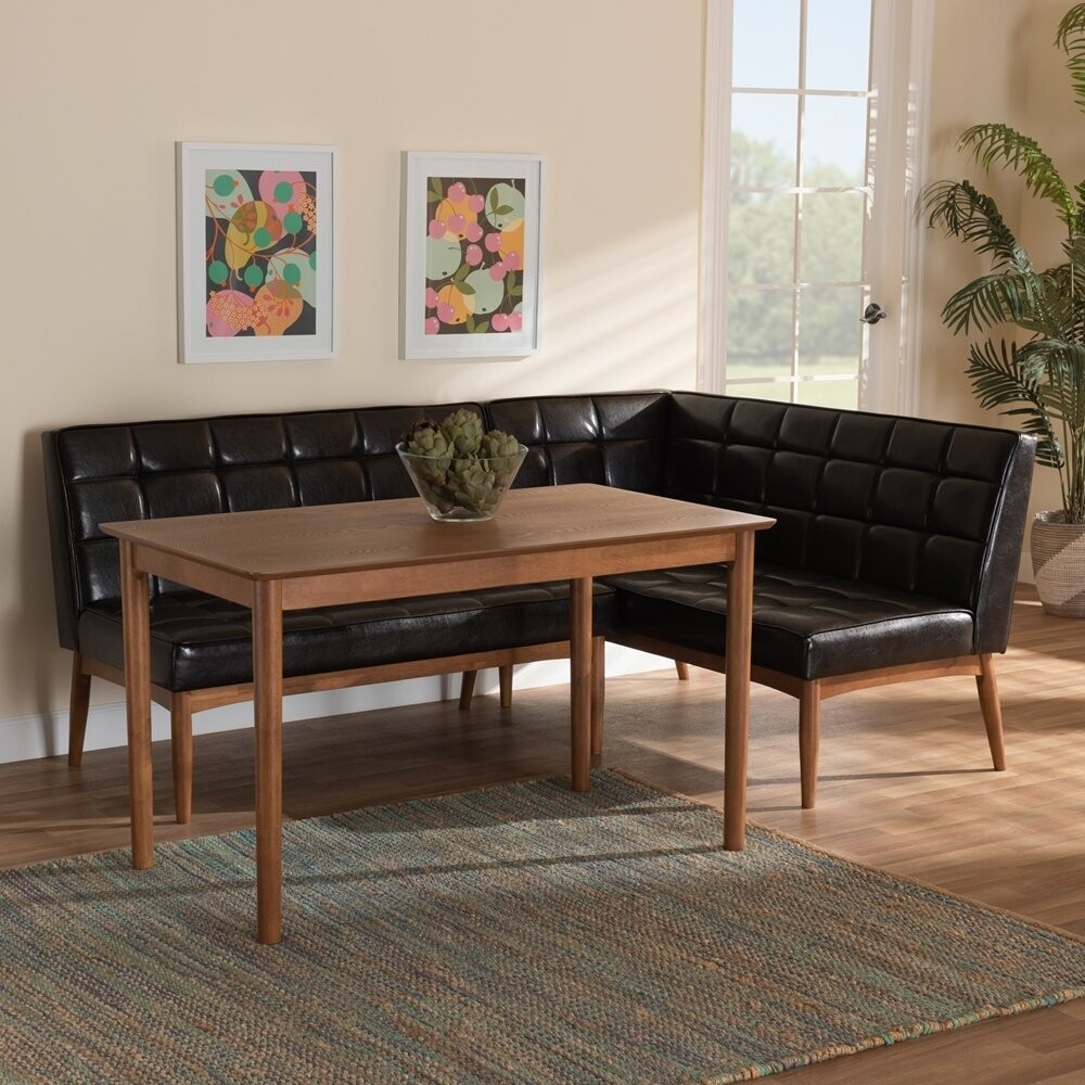 BAXTON STUDIO SANFORD MID-CENTURY MODERN DARK BROWN FAUX LEATHER UPHOLSTERED AND WALNUT BROWN FINISHED WOOD 3-PIECE DINING NOOK SET