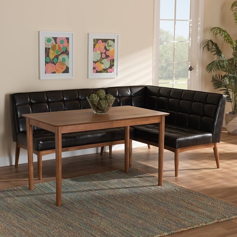 BAXTON STUDIO SANFORD MID-CENTURY MODERN DARK BROWN FAUX LEATHER UPHOLSTERED AND WALNUT BROWN FINISHED WOOD 3-PIECE DINING NOOK SET BAXTON STUDIO SANFORD MID-CENTURY MODERN DARK BROWN FAUX LEATHER UPHOLSTERED AND WALNUT BROWN FINISHED WOOD 3-PIECE DINING NOOK SET