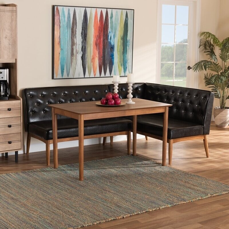 BAXTON STUDIO RIORDAN MID-CENTURY MODERN DARK BROWN FAUX LEATHER UPHOLSTERED AND WALNUT BROWN FINISHED WOOD 3-PIECE DINING NOOK SET BAXTON STUDIO RIORDAN MID-CENTURY MODERN DARK BROWN FAUX LEATHER UPHOLSTERED AND WALNUT BROWN FINISHED WOOD 3-PIECE DINING NOOK SET