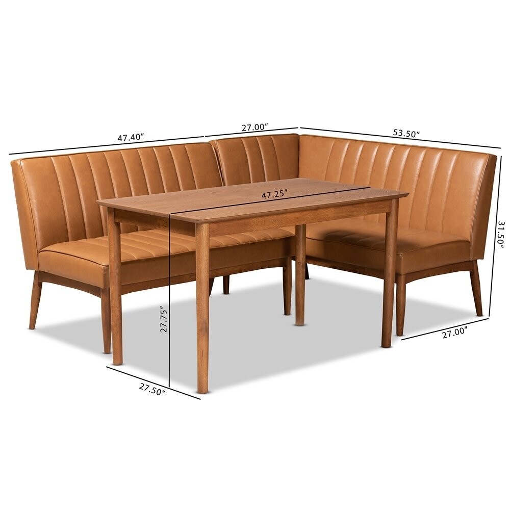 BAXTON STUDIO DAYMOND MID-CENTURY MODERN TAN FAUX LEATHER UPHOLSTERED AND WALNUT BROWN FINISHED WOOD 3-PIECE DINING NOOK SET