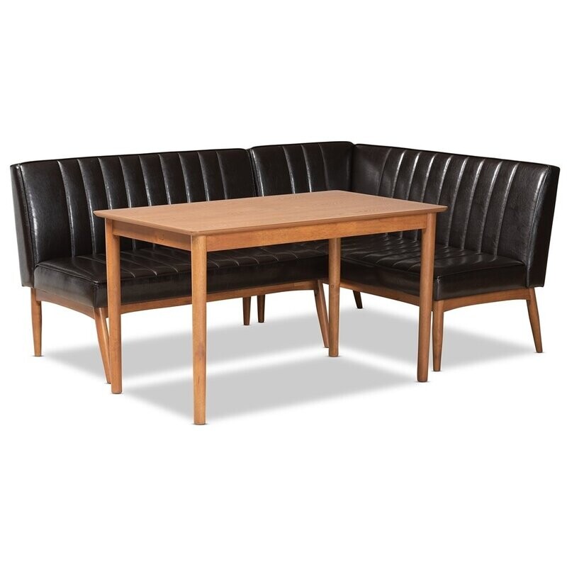 BAXTON STUDIO DAYMOND MID-CENTURY MODERN DARK BROWN FAUX LEATHER UPHOLSTERED AND WALNUT BROWN FINISHED WOOD 3-PIECE DINING NOOK SET BAXTON STUDIO DAYMOND MID-CENTURY MODERN DARK BROWN FAUX LEATHER UPHOLSTERED AND WALNUT BROWN FINISHED WOOD 3-PIECE DINING NOOK SET