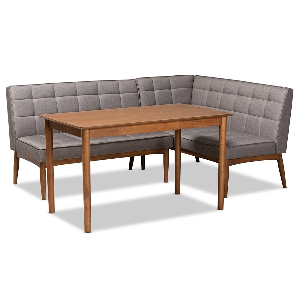 BAXTON STUDIO SANFORD MID-CENTURY MODERN GREY FABRIC UPHOLSTERED AND WALNUT BROWN FINISHED WOOD 3-PIECE DINING NOOK SET