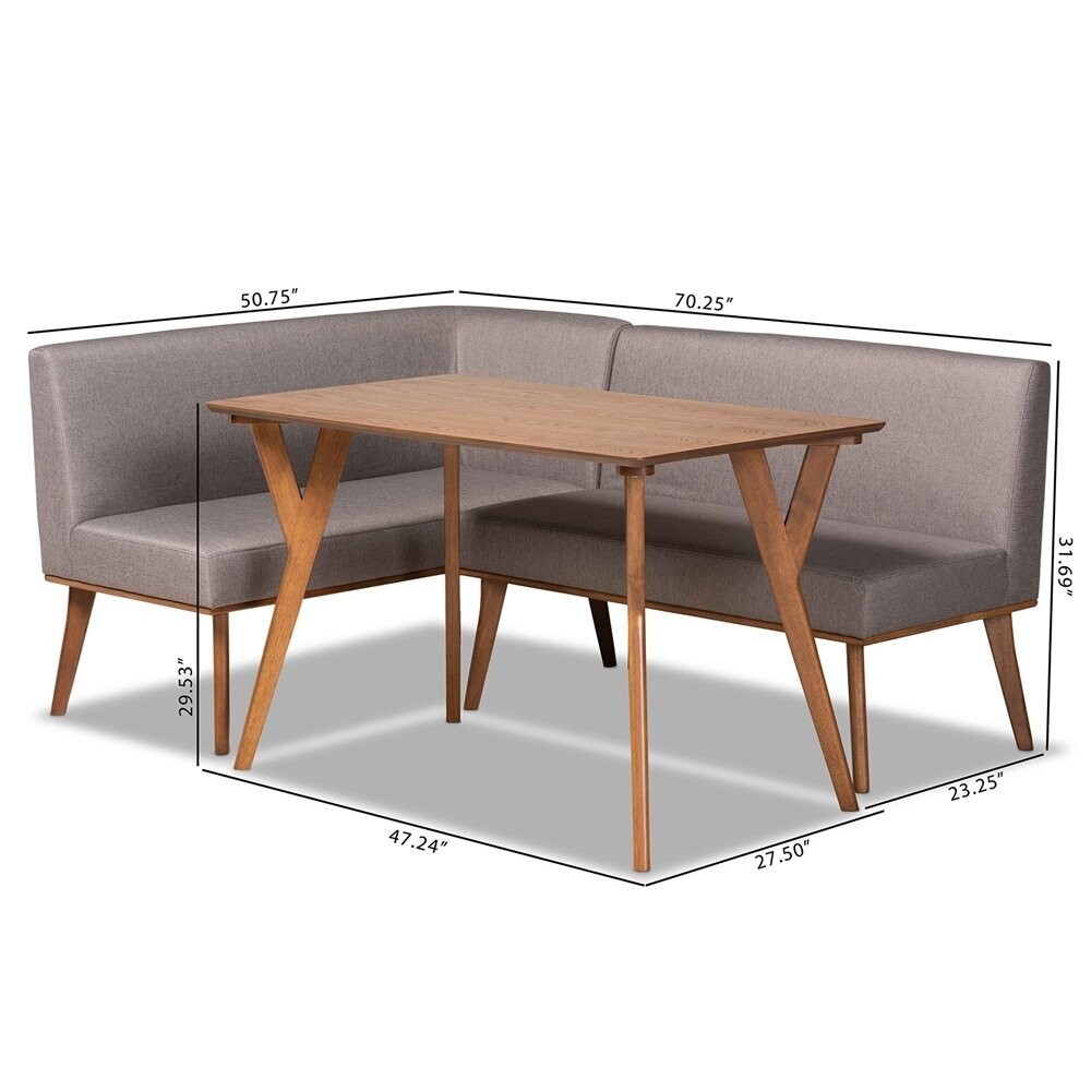 BAXTON STUDIO ODESSA MID-CENTURY MODERN GREY FABRIC UPHOLSTERED AND WALNUT BROWN FINISHED WOOD 3-PIECE DINING NOOK SET