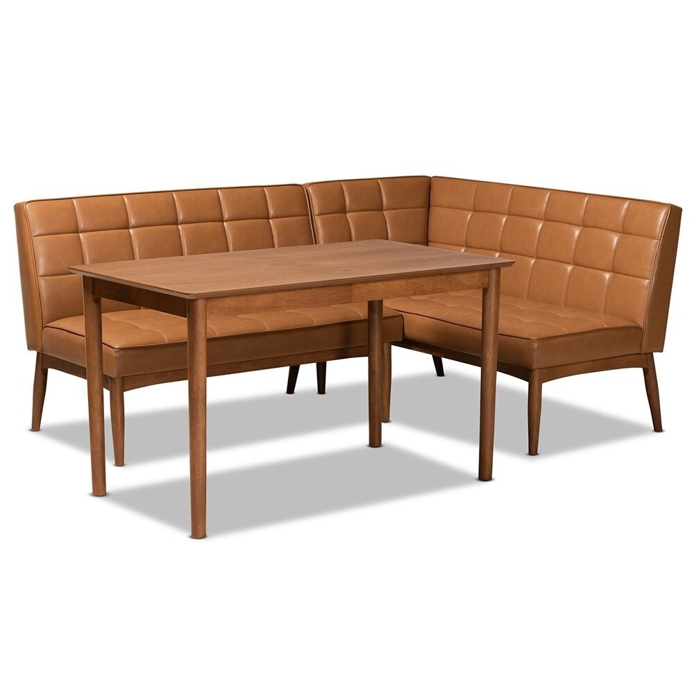 BAXTON STUDIO SANFORD MID-CENTURY MODERN TAN FAUX LEATHER UPHOLSTERED AND WALNUT BROWN FINISHED WOOD 3-PIECE DINING NOOK SET