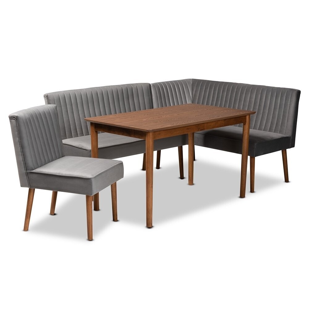BAXTON STUDIO ALVIS MID-CENTURY MODERN GREY VELVET UPHOLSTERED AND WALNUT BROWN FINISHED WOOD 4-PIECE DINING NOOK SET