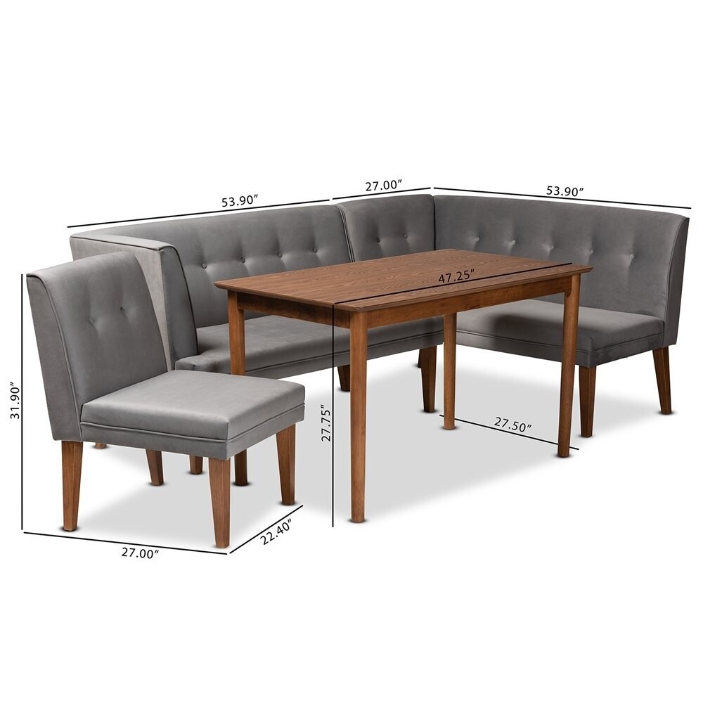 BAXTON STUDIO STEWART MID-CENTURY MODERN GREY VELVET UPHOLSTERED AND WALNUT BROWN FINISHED WOOD 4-PIECE DINING NOOK SET