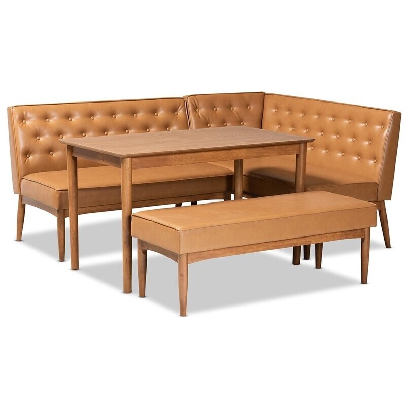 BAXTON STUDIO RIORDAN MID-CENTURY MODERN TAN FAUX LEATHER UPHOLSTERED AND WALNUT BROWN FINISHED WOOD 4-PIECE DINING NOOK SET