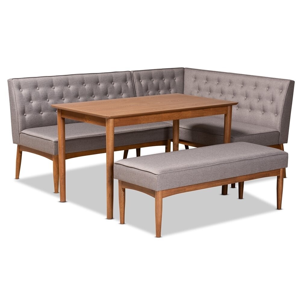 BAXTON STUDIO RIORDAN MID-CENTURY MODERN GREY FABRIC UPHOLSTERED AND WALNUT BROWN FINISHED WOOD 4-PIECE DINING NOOK SET