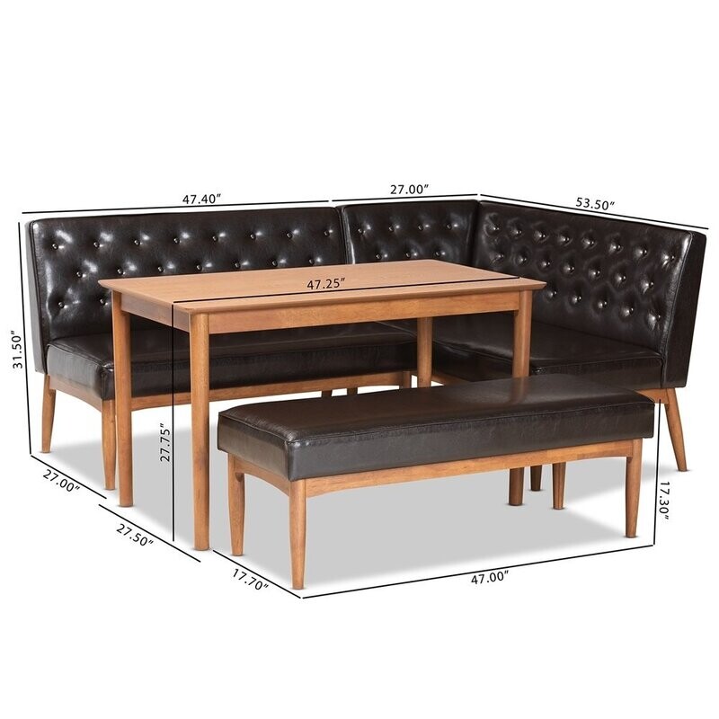 BAXTON STUDIO RIORDAN MID-CENTURY MODERN DARK BROWN FAUX LEATHER UPHOLSTERED AND WALNUT BROWN FINISHED WOOD 4-PIECE DINING NOOK SET BAXTON STUDIO RIORDAN MID-CENTURY MODERN DARK BROWN FAUX LEATHER UPHOLSTERED AND WALNUT BROWN FINISHED WOOD 4-PIECE DINING NOOK SET