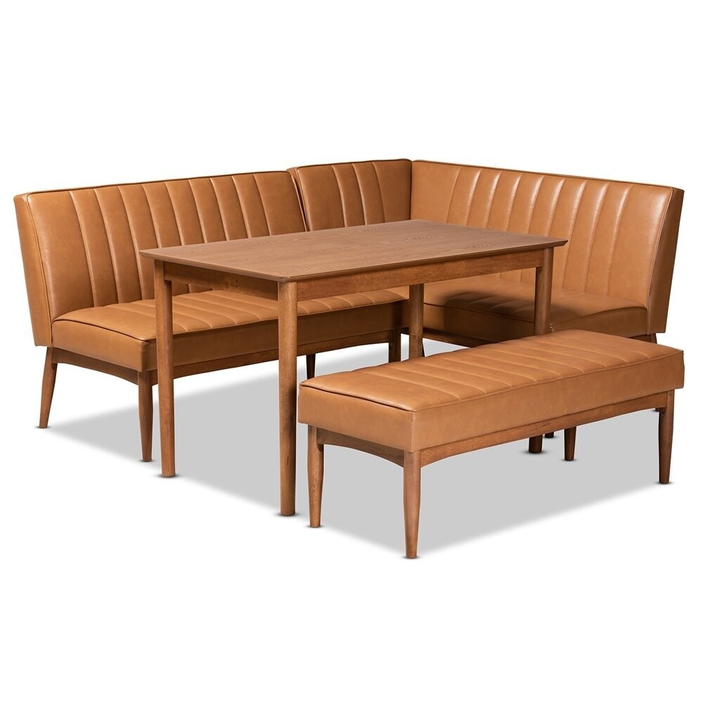 BAXTON STUDIO DAYMOND MID-CENTURY MODERN TAN FAUX LEATHER UPHOLSTERED AND WALNUT BROWN FINISHED WOOD 4-PIECE DINING NOOK SET