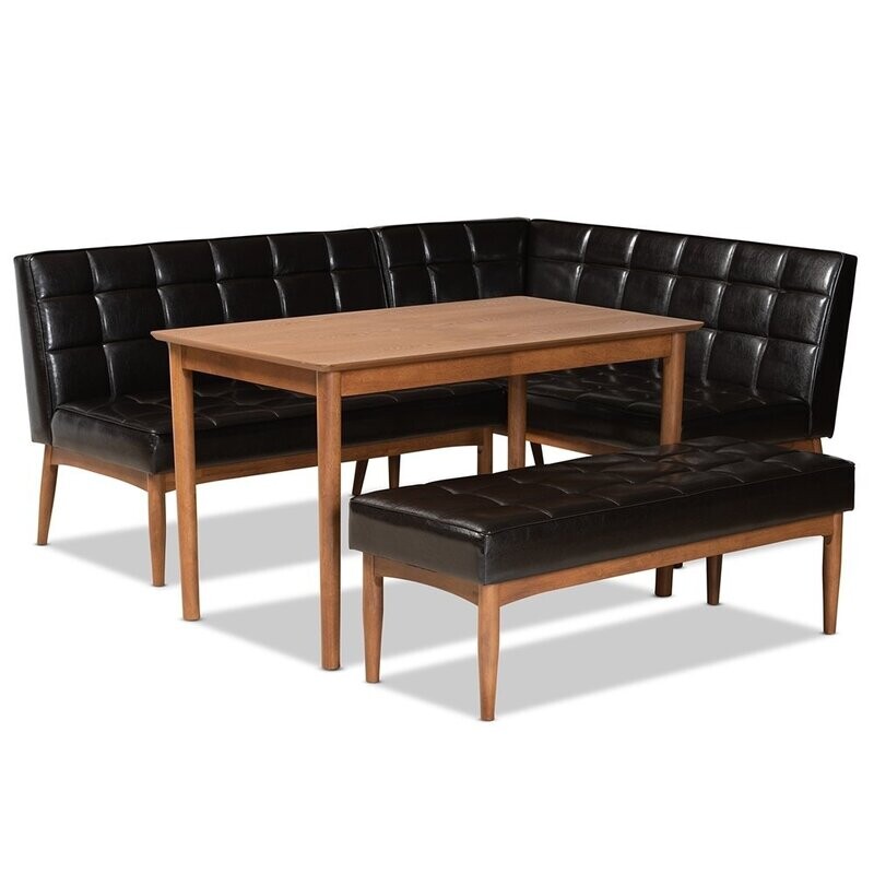 BAXTON STUDIO SANFORD MID-CENTURY MODERN DARK BROWN FAUX LEATHER UPHOLSTERED AND WALNUT BROWN FINISHED WOOD 4-PIECE DINING NOOK SET BAXTON STUDIO SANFORD MID-CENTURY MODERN DARK BROWN FAUX LEATHER UPHOLSTERED AND WALNUT BROWN FINISHED WOOD 4-PIECE DINING NOOK SET