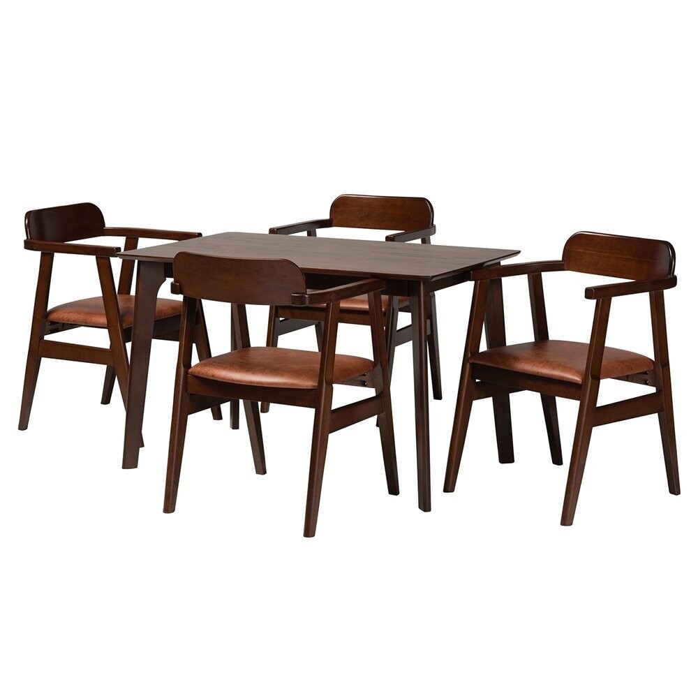 BAXTON STUDIO CLEO MID-CENTURY MODERN LIGHT BROWN FABRIC AND DARK BROWN FINISHED WOOD 5-PIECE DINING SET