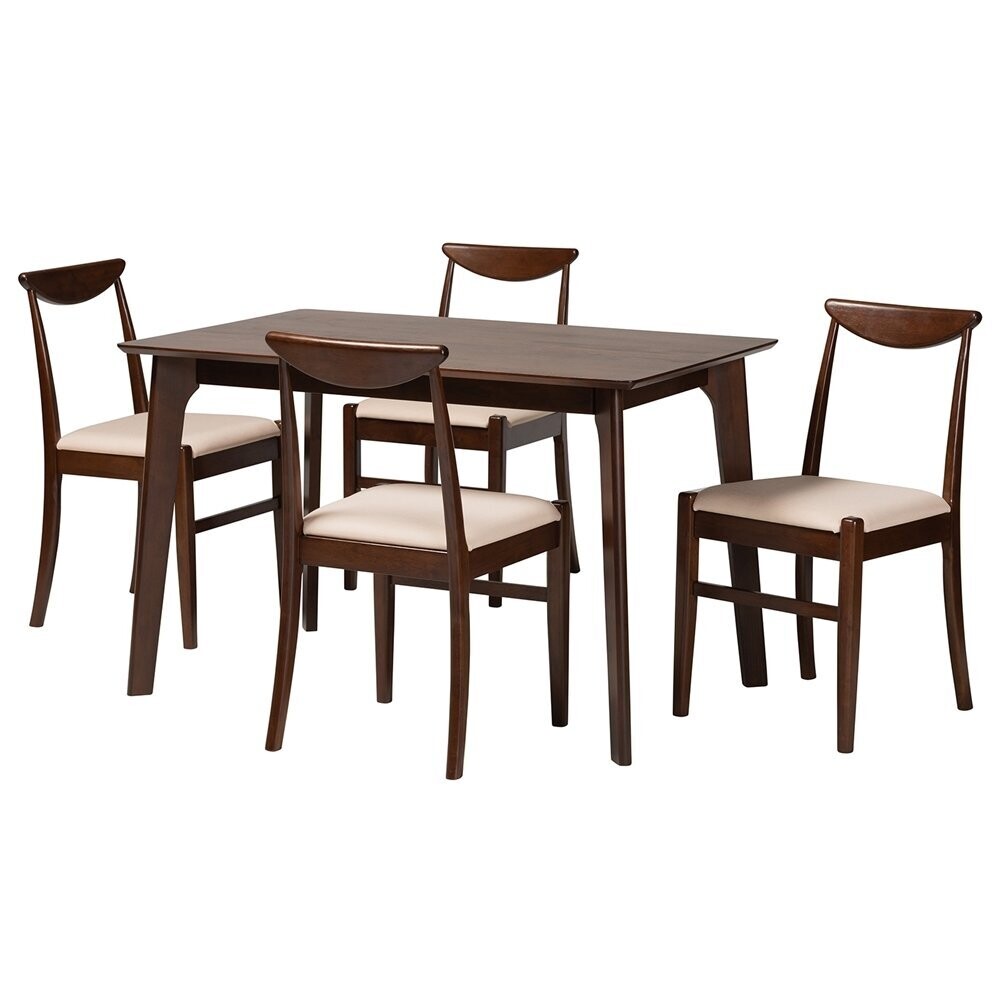BAXTON STUDIO DELPHINA MID-CENTURY MODERN CREAM FABRIC AND DARK BROWN FINISHED WOOD 5-PIECE DINING SET