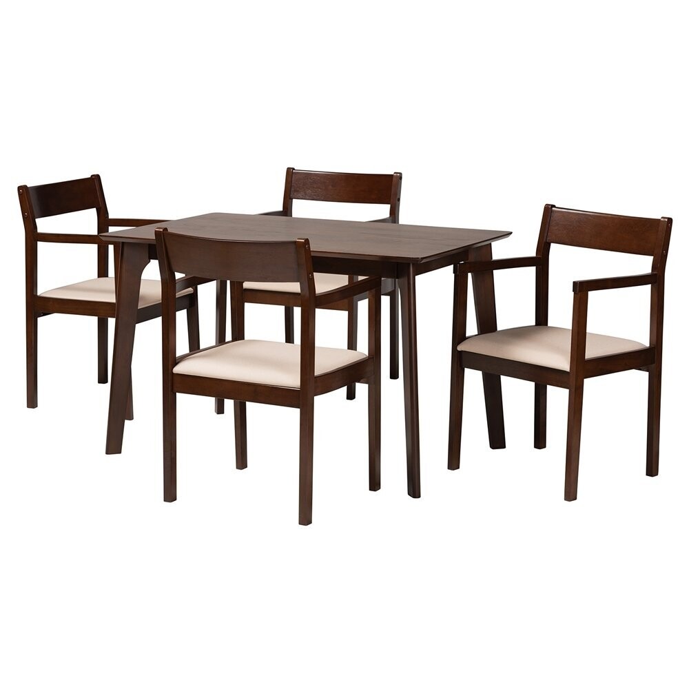 BAXTON STUDIO HELENE MID-CENTURY MODERN CREAM FABRIC AND DARK BROWN FINISHED WOOD 5-PIECE DINING SET