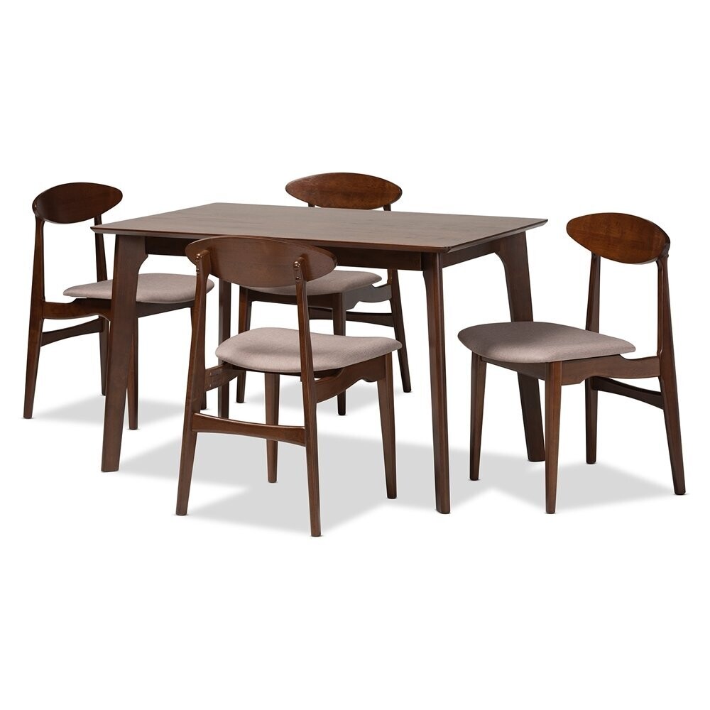 BAXTON STUDIO DARIA MID-CENTURY MODERN WARM GREY FABRIC AND DARK BROWN FINISHED WOOD 5-PIECE DINING SET