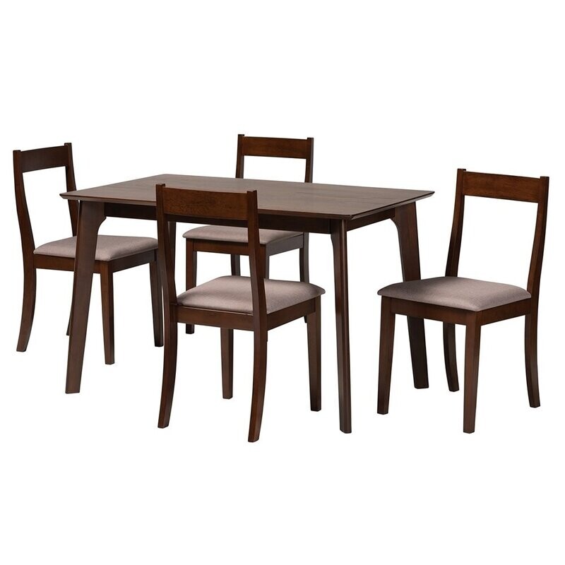 BAXTON STUDIO CAROLA MID-CENTURY MODERN WARM GREY FABRIC AND DARK BROWN FINISHED WOOD 5-PIECE DINING CHAIR SET