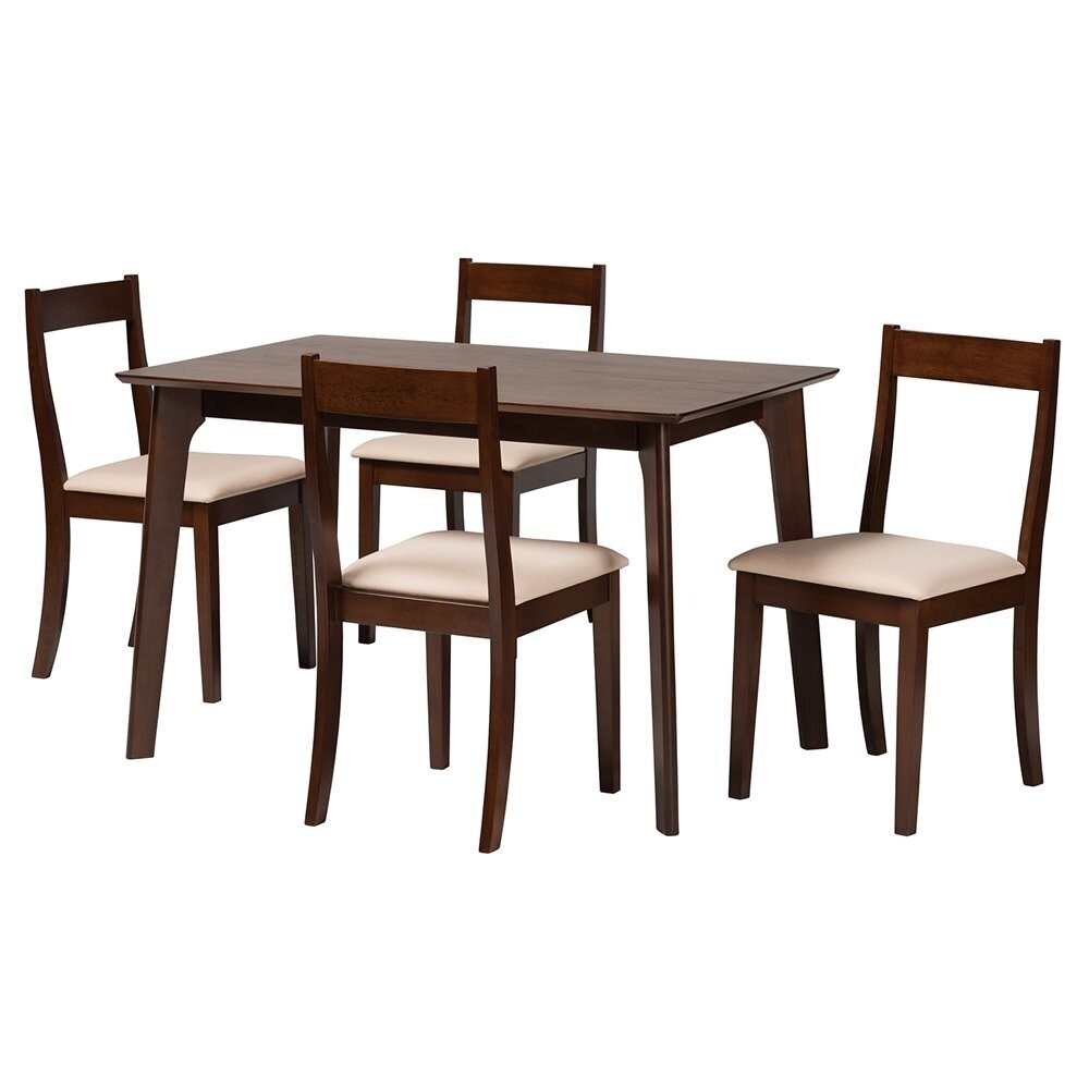 BAXTON STUDIO CAROLA MID-CENTURY MODERN CREAM FABRIC AND DARK BROWN FINISHED WOOD 5-PIECE DINING SET