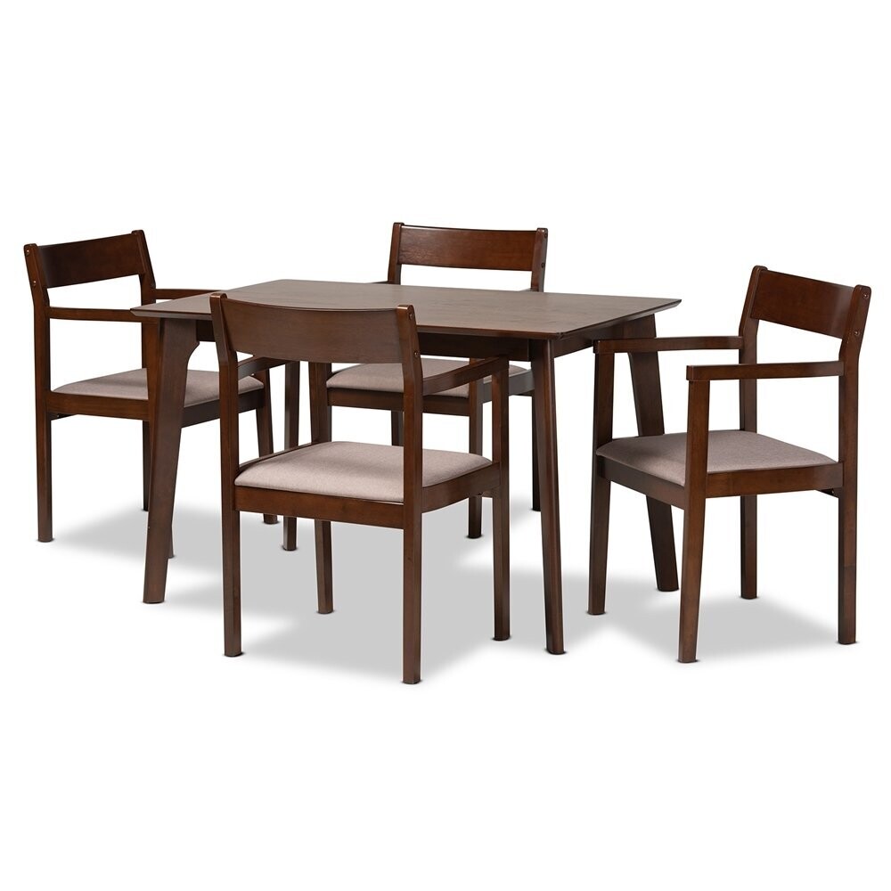 BAXTON STUDIO HELENE MID-CENTURY MODERN WARM GREY FABRIC AND DARK BROWN FINISHED WOOD 5-PIECE DINING SET