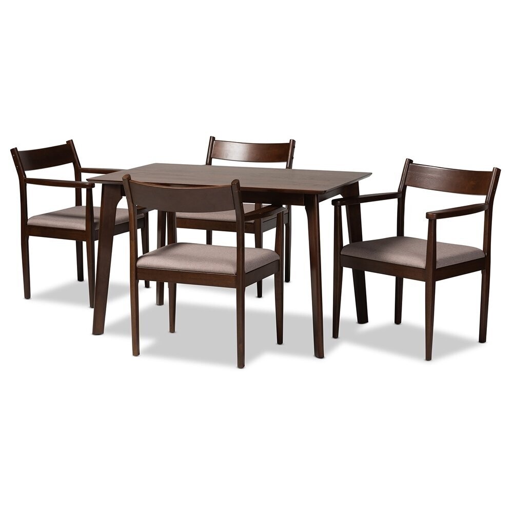 BAXTON STUDIO CORETTA MID-CENTURY MODERN WARM GREY FABRIC AND DARK BROWN FINISHED WOOD 5-PIECE DINING SET