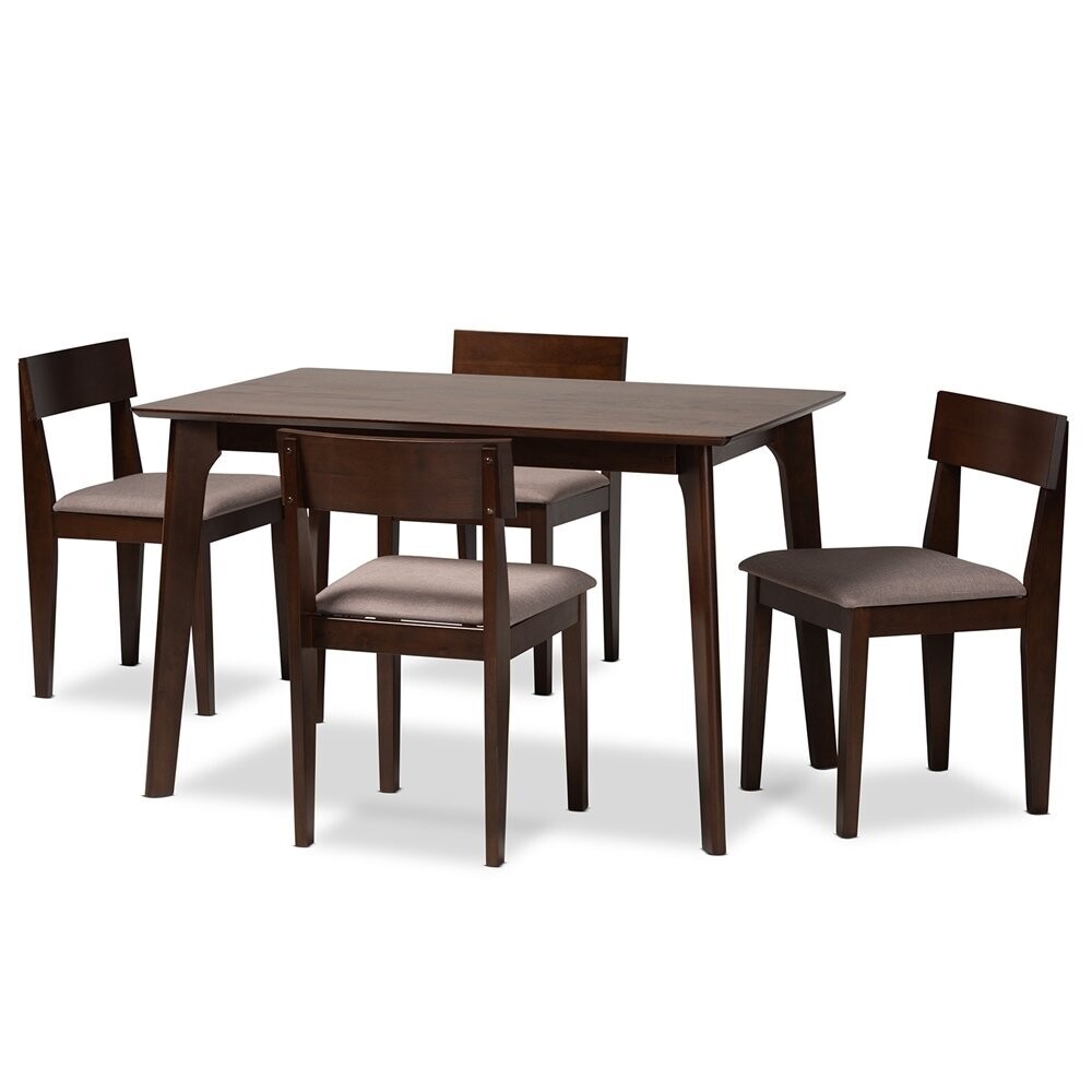 BAXTON STUDIO CAMILLA MID-CENTURY MODERN WARM GREY FABRIC AND DARK BROWN FINISHED WOOD 5-PIECE DINING SET