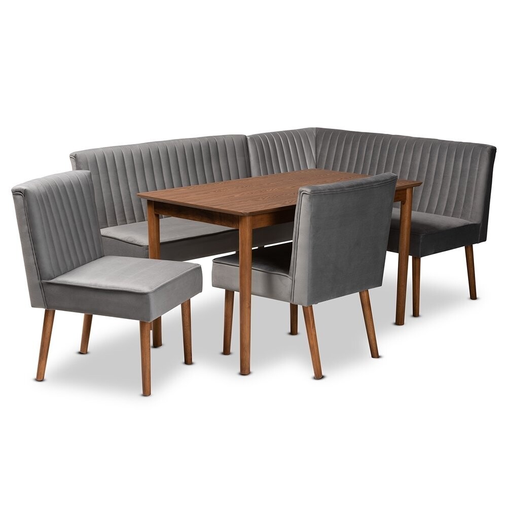 BAXTON STUDIO ALVIS MID-CENTURY MODERN GREY VELVET UPHOLSTERED AND WALNUT BROWN FINISHED WOOD 5-PIECE DINING NOOK SET