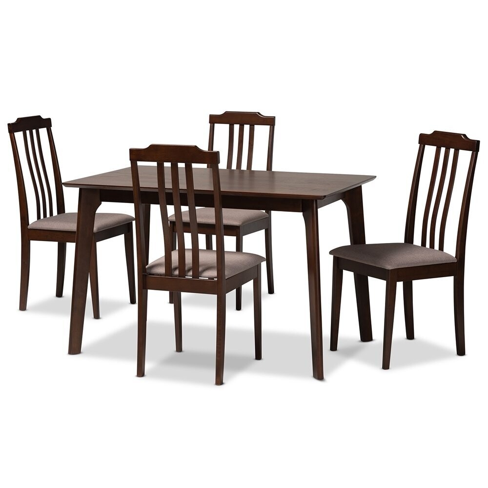 BAXTON STUDIO CLARISSA MID-CENTURY MODERN WARM GREY FABRIC AND DARK BROWN FINISHED WOOD 5-PIECE DINING SET